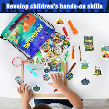 Zhanmai 140 Pcs Fall Camping Party Favors Gifts Silicone Bracelets Stickers Camping Keychain Badge Camouflage Pencils Spiral Camp Adventure Theme Notepads Happy Drawstring Bags Mini Flashlight for Kid