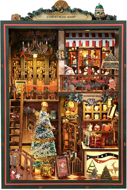 Christmas Shop,Book Nook Kit for Adults: Wooden 3D Puzzle DIY Miniature House Kit Tiny House with Lights and Music，Dollhouse Craft for Adults, Teens & Beginners，Gift for Family, Friends