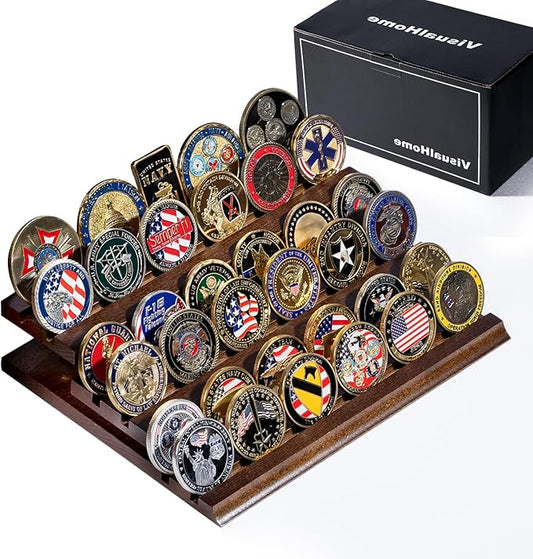 Handmade 3-Tier Challenge Coin Display Case - Holds 40+ Military Coins - Walnut Finish Wooden Holder for Desk Display - Premium Gift for Collectors & Armed Forces (Retirement, Promotion)