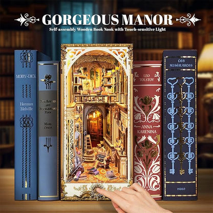 DIY Book Nook Kit, DIY Miniature Dollhouse Kit for Adults and Teens, Book Nook Bookshelf Insert Decor 3D Wooden Puzzle Bookend Miniature Kit with Sensor Light Creative Craft (Victorian Library)