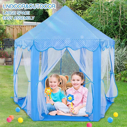 Sumbababy Princess Castle Tent for Girls Fairy Play Tents for Kids Blue Hexagon Playhouse with Fairy Star Lights Toys for Children or Toddlers Indoor or Outdoor Games (Blue Princess Tent)