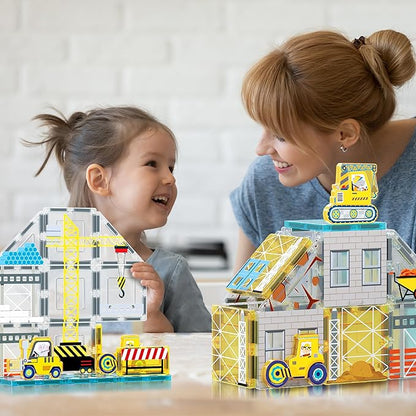 PicassoTiles Magnet Tiles Magnetic Building Blocks with 8 Construction Vehicles Crank Truck Excavator Bulldozer Road Roller Concrete Mixer Tractor Dump Truck Forklift Toys Learning Kids Ages 3+ PTQ11