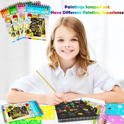 24 Pack Scratch Notebooks,Rainbow Scratch Paper Art Notebooks,Scratch Note Pads for Kids Rainbow Party Favors,Scratch Arts and Crafts Notebooks with 24 Wooden Stylus & 12 Drawing Stencils