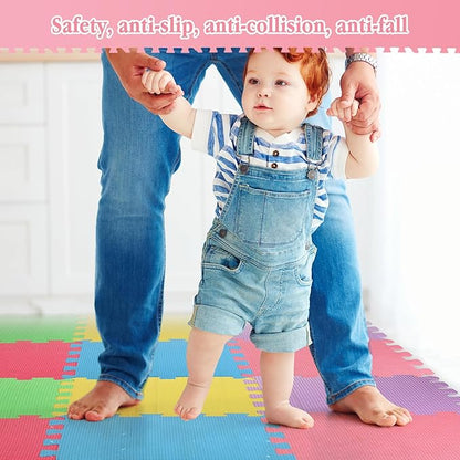 Nuanchu 60 Pcs Kids Foam Puzzle Floor Mat Bulk Solid Color Foam Play Mat with Borders Interlocking Multi Use Floor Rug for Baby Toddler Children Crawling Exercise Playroom 12 inch (Colorful)