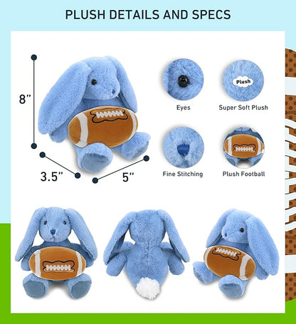 DolliBu Baby Blue Rabbit Stuffed Animal with Football Plush - Soft Huggable, Playtime Plush Toy, Cute Farm Life Gift, Plush Doll Animal Toy for Kids and Adults with Name Personalization - 8 Inches