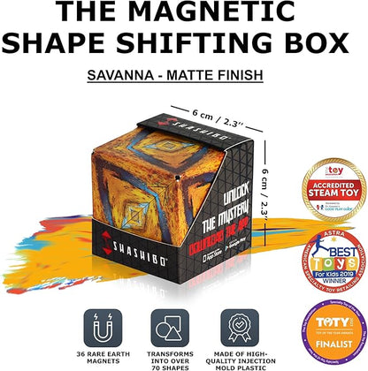 SHASHIBO Shape Shifting Box - Award-Winning Fidget Toy w/ 36 Rare Earth Magnets - Fidget Cube Transforms Into Over 70 Shapes, Sensory Toy Gift for Kids, Teens, and Adults (Wild Series - Savannah)
