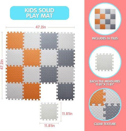 Play Mat for Babies 0-6 Months, Solid Colored Foam Floor Mat, Non-Toxic Interlocking Foam Puzzle Floor Mats, 0.4" Thick Square Kids Playmat丨47x47 Play Mat for Playpen (White/Gray/Orange)