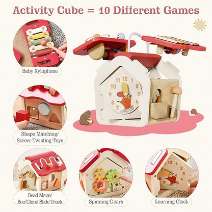 let's make Wooden Activity Cube 10-in-1 Montessori Toys Multi-Functional House Educational Toys Sensory Learning Activity Cube for Toddlers Babies 1st Birthday Gift