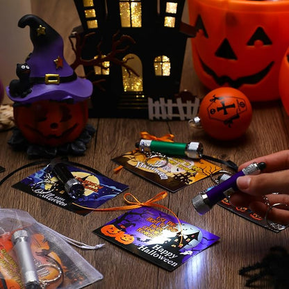 24 Sets Halloween Gifts Bulk Flashlights Set with Happy Halloween Card for Night Trick or Treat Party Favors