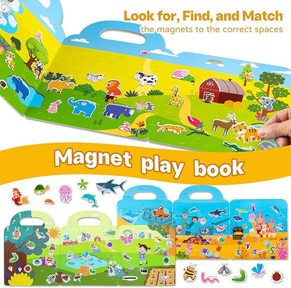 3 Sets Magnetic Reusable Sticker Book for Toddler, Animals/Ocean Animals/Insect Theme Activity Magnet Book for 3 4 5 Years Boys Girls Road Trip Airplane Train Travel Essentials Toy