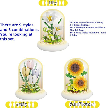Botanical Flower Micro Blocks Set for Adults and Teens,600 PCS Mini Bricks Artificial Flowers with Light for Birthday and Gift, Lily, Sunflower and Tulip