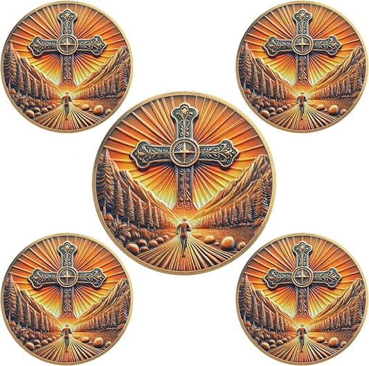 5 Pcs Philippians 4:13 Christian Challenge Coin – Path of Faith Religious Token with Bible Verse – I Can Do All Things Through Christ – Inspirational Gift for Men & Women