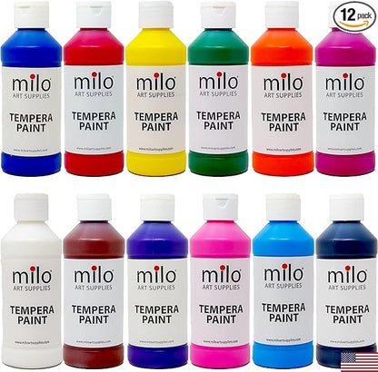 milo Washable Paint for Kids | 12 Colors 8 oz Bottles | Made in the USA | Safe and Non-Toxic Tempera Paint for Art & Craft, Poster, Window for Toddlers, Children, Classroom, School