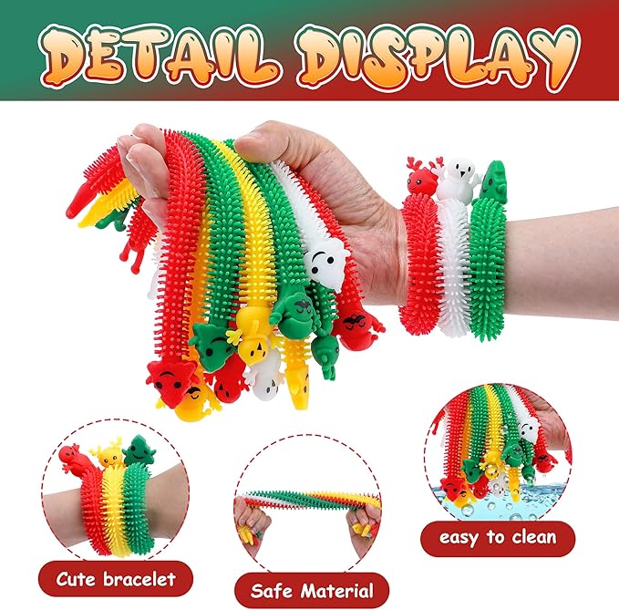 32 Pcs Christmas Stretchy Strings Fidget Toys, Colorful Stretchy Fidgets Sensory Toys, Stress Relief Stretch Sensory Bracelet String with Xmas Tree Santa Claus Snowman Elk for Party Favors (Convex)