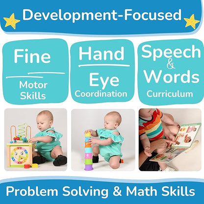 Wooden Kids Baby Activity Cube - Boys Gift Set | One 1, 2 Year Old Boy Gifts Toys | Developmental Toddler Educational Learning Boy Toys 12-18 Months | Bead Maze, First Birthday Gift