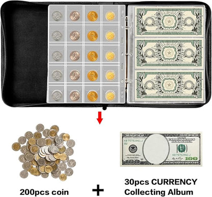 Coin Collection Book Holder for Collectors, 200 Pockets Collecting Album & 30 Sleeves Paper Money Display Storage Case for Currency Collection Supplies (200 coins+30 paper money binder)