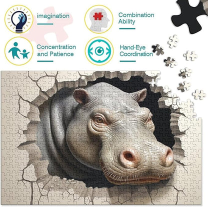 Hippo for Adults Fun 1000 Piece 3D Animal Thickened Wooden Jigsaw Puzzles Stress Relief Toy Home Decoration Toy Intellectual Game Education Game Premium & Durable 1000pcs (75x50cm)