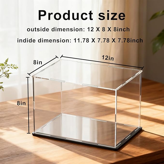 Acrylic Display Case for Figures, Clear Acrylic Box with Black Base for showcaseing Football, Miniature, Model Cars, Collectables 12 (L) × 8 (W) × 8 (H) inch