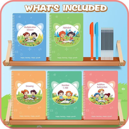 Magic Practice Copybook, Reusable Writing Practice Book, for Preschool Kids Age 3-8 Calligraphy 9.44in×6.29in(5 Books with Pens)