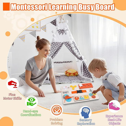 ATOYUS Montessori Busy Board Toddler Toys for Ages 3-5, Wooden Baby Sensory Toys for Kids 3 4 5 Year Old with Autism, Preschool Learning Educational Christmas Birthday Infant Gifts for Boys Girls 3+