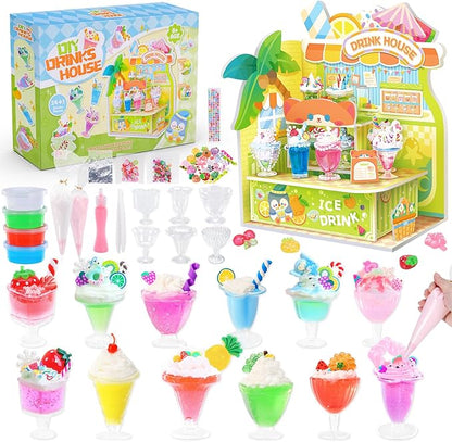 DIY Mini Drink Shop Toy, Making 24 Miniature Juice Drinks Cream Material Kit, NOT Edible, Collectible, Kitchen Pretend Play Food Toys Set, Make Your Foods, Gift for Kids Age 8+