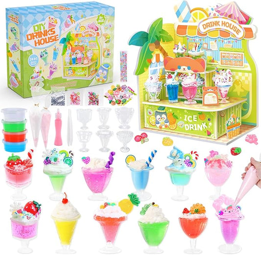DIY Mini Drink Shop Toy, Making 24 Miniature Juice Drinks Cream Material Kit, NOT Edible, Collectible, Kitchen Pretend Play Food Toys Set, Make Your Foods, Gift for Kids Age 8+