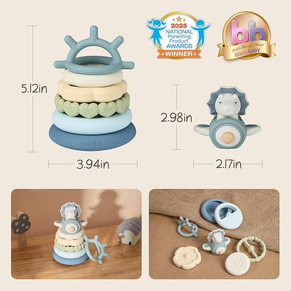 Moonkie Dinosaur Baby Stacking Toys | 7-Piece Silicone Rings for Teething Relief | Educational Toy for Infants & Toddlers 6 Months+ | Baby Shower or Birthday Gift for Boys