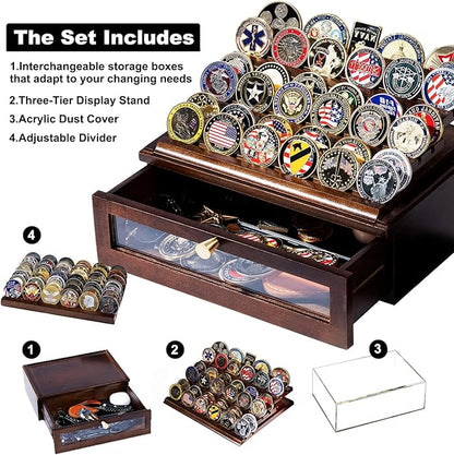Premium Challenge Coin Display Case for 100 Coins - 360° View & Interchangeable Panels - Military, Police, Fire Fighter Gift for Retirement, Promotion
