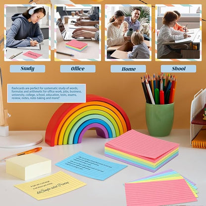 Tecmisse Colored Index Cards 4x6, 165 Pack, Ruled Note Cards, Flash Cards for Studying, Heavy Notecards for Office and School, One Side Lined, One Side Blank
