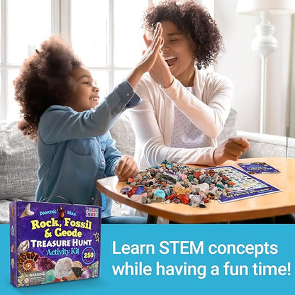 DANCING BEAR Rock, Mineral & Geodes Treasure Hunt Activity Kit (250 Pc Set) Real Shark Teeth Fossils, ID Sheet & Rock Book, STEM