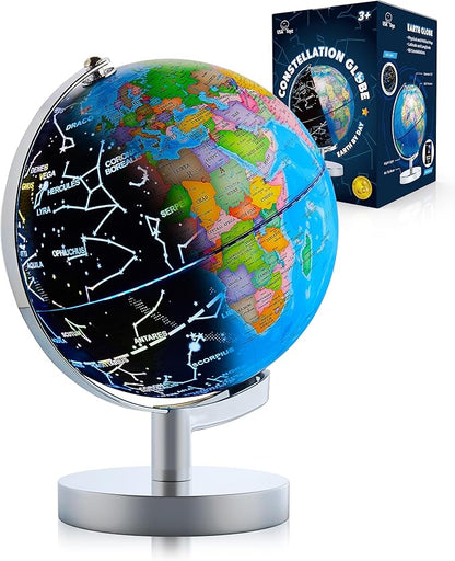 USA Toyz Illuminated Globe for Kids Learning- 3-in-1 STEM Globes of the World with Stand, Constellation Map, Built-in LED Night Light Desk Globe Lamp, Non-Tip Metal Base, 9.75” Tall, 7 Inch Diameter