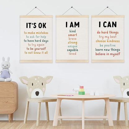 Inspirational Classroom Wall Art Poster Hanger Frame 12x16 Inch Set of 3, Positive Affirmations for Kids, Motivational Canvas Pictures Prints Framed Wall Decor for Classroom Kids Room Playroom