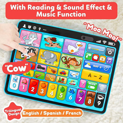 Trilingual Learning Toy Tablet with Music & Sound, Montessori Speech Musical Therapy Toys, Gifts for Boy, Girl, Baby, Toddler, for Age 1, 2, 3 Year Old (12-18 Months)