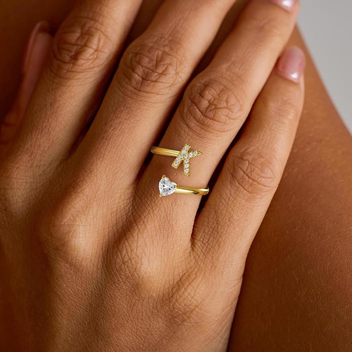 Initial Gold Rings for Girls Women - Dainty 14K Gold Plated Adjustable Letter A-Z Rings Teen Girls Gifts Trendy Stuff Heart CZ Initial Ring Teens Birthday Gift for Girls Non Tarnish
