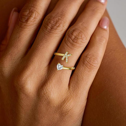 Initial Gold Rings for Girls Women - Dainty 14K Gold Plated Adjustable Letter A-Z Rings Teen Girls Gifts Trendy Stuff Heart CZ Initial Ring Teens Birthday Gift for Girls Non Tarnish