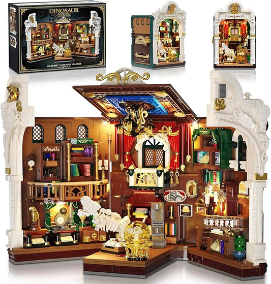 Dinosaur Museum Book Nook Building Set with Lights, DIY Booknook Building Block Toy for Bookshelf Home Decor, 1500 PCS Miniature House Model Building Brick Kit for Adults Teens Boys Girls 12+