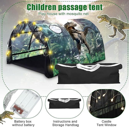Dinosaur Bed Tent for Kids Large Kids Twin Tent Toddler Play Bed with Carry Bag Foldable with String Lights for Girls Boys Bedroom Indoor Games