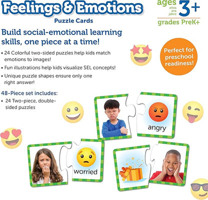 Learning Resources Feelings & Emotions Puzzle Cards, 48 Pieces, Ages 3+, Social Skills, speech therapy materials, Social Emotional Learning Toys and Games for Kids