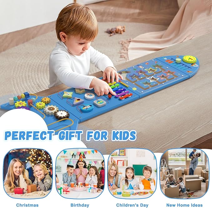 Rocket Activity Wall Busy Board Panels - Sensory Wall Panel for Kids, Montessori Toddler Wall Activity Board, Wall Toys for Toddlers 3, Activity Cube, Wall Activity Boards, Blue(4PCS)