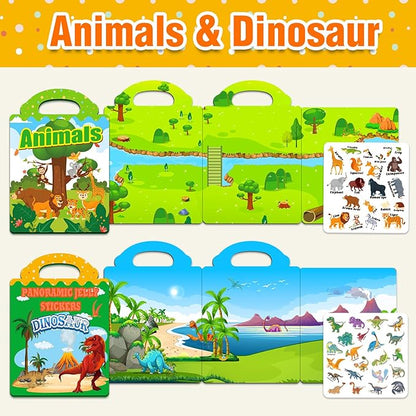 2 Sets Reusable Sticker Books for Toddlers 1-3, Animal Jelly Sticker Books for Kids 2-4 Years, Toddler Travel Toys Activity Road Trip Essentials for Kids- Animal + Dinosaurs