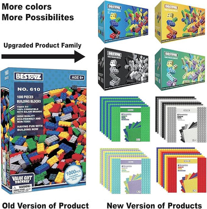Building Bricks 1000 Pieces in Black, Dark Grey, Light Grey & White, Classic General Building Blocks Toys for Boys & Girls, Bulk Basic Brick Tiles for Adult's Building Projects