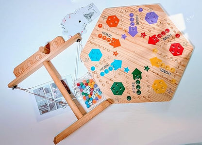 Wooden Wahoo Marble Board Game (20 INCH), Double-Sided, for 2-6 Players, with 24 Marbles and 6 dice. Also Includes Ring Toss, Wooden Hook and Ring Gameand Premium Playing Cards.
