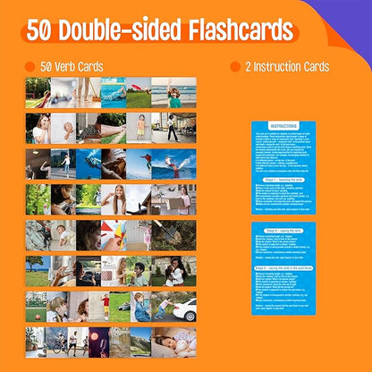 50 Verb Flashcards, Picture & Word Cards Action Language Builder Visual Aid Language Learning Tool for Autism, ESL Teaching Materials for Adults, Non-Verbal Children Vocabulary Builder for Kids