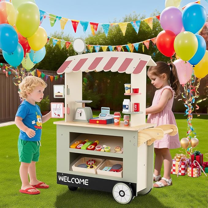 HONEY JOY Kids Food Cart, 30-Piece Toddler Pretend Play Grocery Store Playset w/Cash Register & Scale, Wooden Dessert Shop Play Market, Children Beverage Stand Cart w/Wheels, Gift for Boys Girls