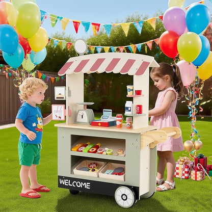 HONEY JOY Kids Food Cart, 30-Piece Toddler Pretend Play Grocery Store Playset w/Cash Register & Scale, Wooden Dessert Shop Play Market, Children Beverage Stand Cart w/Wheels, Gift for Boys Girls
