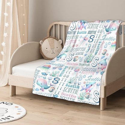Personalized Baby Blanket for Girls Boys Kids Oceans Shark Custom Baby Blanket with Name Throw Birthday Gift for Toddlers Infants Shower Newborns Nursery Stroller Crib Bed Decor