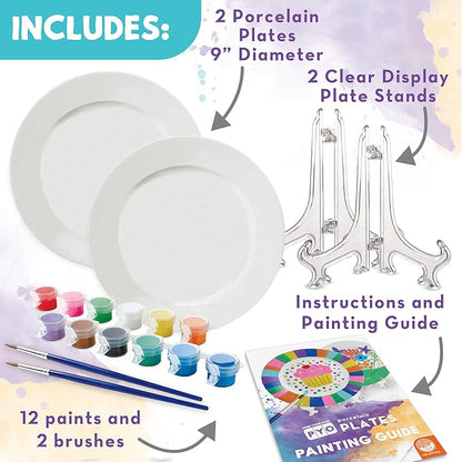 MindWare Paint Your Own Porcelain Plates - Kit Includes 2 Porcelain Plates, 12 Paints, 2 Paint Brushes, and 2 Stands