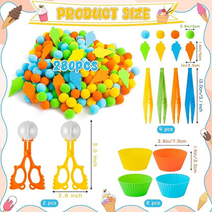 EZdhuawuse Summer Ice Cream Sensory Bin Fillers - 295 Fine Motor, Color Recognition, Sorting, Counting Toys for Kids, Ice Cream Cone Felt Pom Poms Cup Clip Gifts for Preschool Kindergarten Activities