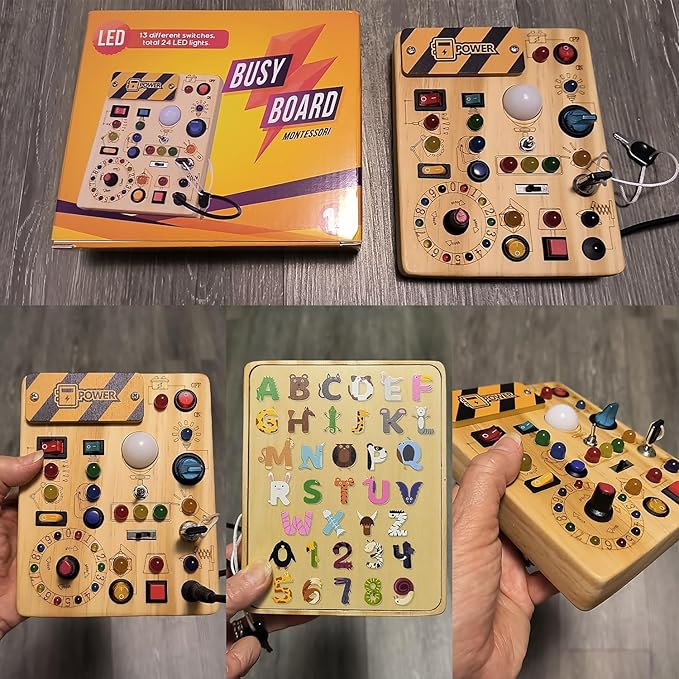 RichBoy Busy Board Toddler Toys Montessori Toys for 1-3 Year Old Boy Girl Birthday Gift for Grandkids, 37 in 1 LED Light Up Sensory Wooden Montessori Switch Board Toy - Learn and Travel (6.7" x 5.3")