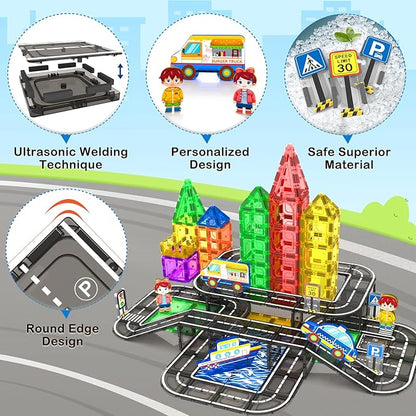 112PCS Magnetic Tiles Road Set with Vibrant Color & Ultra Magnet Strength, City Road Building Blocks Construction Toys for Toddlers Kids Ages 3-12, Creative Gifts STEM Toys for 3+ Years Old Boys Girls
